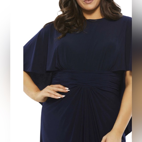 Mac Duggal Navy Blue Jersey Cape Sleeve Ruched A-Line Gown Size 18W $398 - Picture 3 of 6